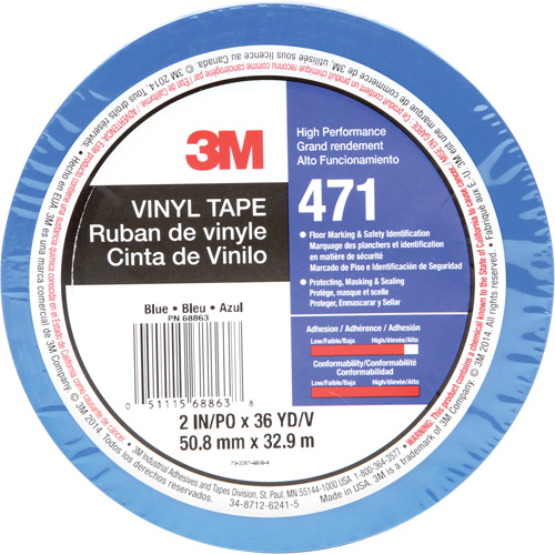 471 Vinyl Tape, 50.8 mm (2") W x 32.9 m (108') L, 5.2 mils, Blue NRZ Safety Inc.