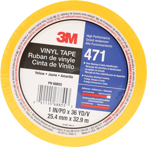 471 Vinyl Tape, 25.4 mm (1") W x 32.9 m (108') L, 5.2 mils, Yellow NRZ Safety Inc.