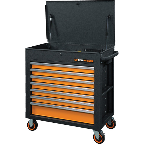 GSX Series Rolling Tool Cart with Tilt Top, 7 Drawers, 35" L x 20" W x 39" H, Black/Orange NRZ Safety Inc.