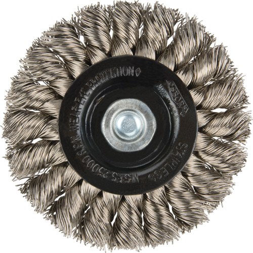 Brosses rotatives &agrave; fils nou&eacute;s - Brosse rotative &agrave; fils nou&eacute;s a/queue 1/4", Fils nou&eacute;s standards, Dia. 3", Fils 0,014", Acier inoxydable NRZ Safety Inc.