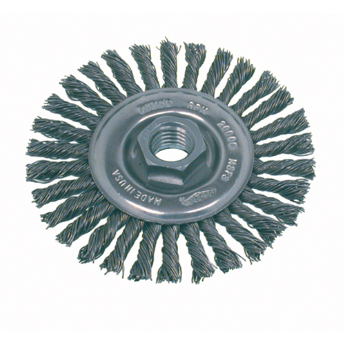 Brosse rotative &agrave; fils nou&eacute;s pour petites meuleuses haute vitesse, pour passe de fond, Dia. 4", Fils 0,02", Arbre 5/8"-11, Acier inoxydable NRZ Safety Inc.