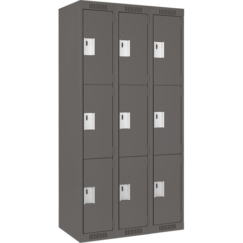 Clean Line Lockers, 3 -tier, Bank of 3, 36" x 18" x 72", Steel, Charcoal, Rivet (Assembled) NRZ Safety Inc.