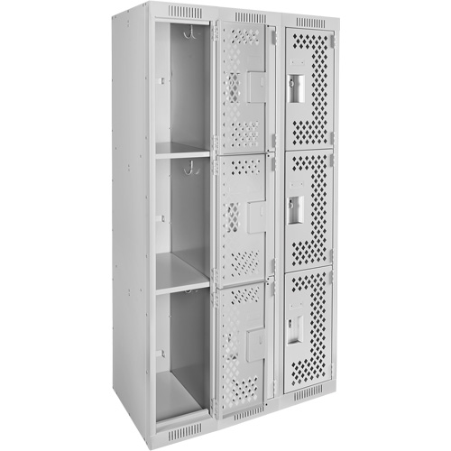 Clean Line Lockers, 3 -tier, Bank of 3, 36" x 12" x 72", Steel, Grey, Rivet (Assembled), Perforated NRZ Safety Inc.