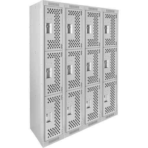 Clean Line Lockers, 3 -tier, Bank of 4, 48" x 12" x 72", Steel, Grey, Rivet (Assembled), Perforated NRZ Safety Inc.
