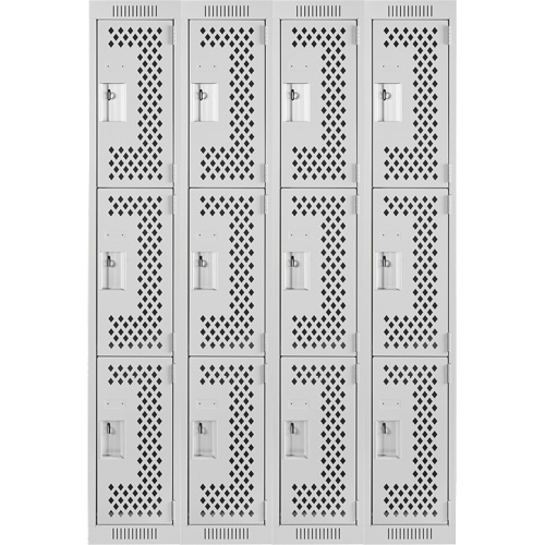 Clean Line Lockers, 3 -tier, Bank of 4, 48" x 12" x 72", Steel, Grey, Rivet (Assembled), Perforated NRZ Safety Inc.