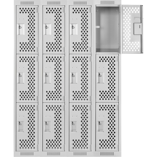 Clean Line Lockers, 3 -tier, Bank of 4, 48" x 12" x 72", Steel, Grey, Rivet (Assembled), Perforated NRZ Safety Inc.