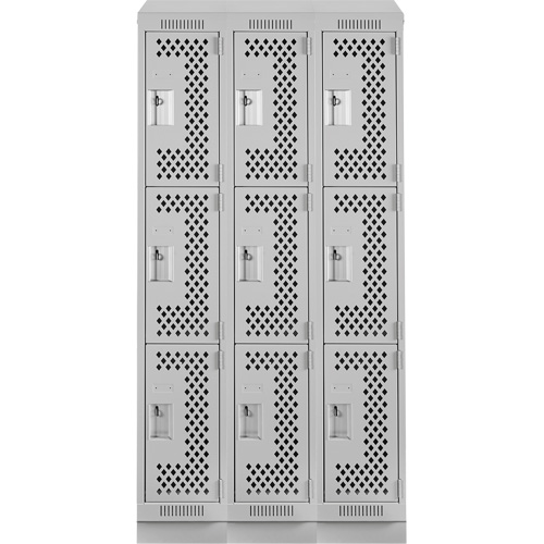 Clean Line Lockers, 3 -tier, Bank of 3, 36" x 18" x 82", Steel, Grey, Rivet (Assembled), Perforated NRZ Safety Inc.