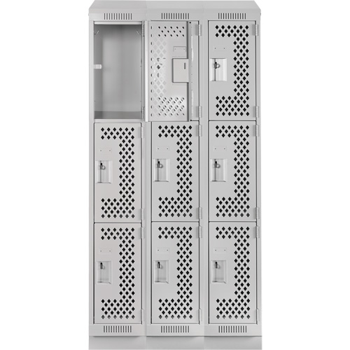 Clean Line Lockers, 3 -tier, Bank of 3, 36" x 18" x 82", Steel, Grey, Rivet (Assembled), Perforated NRZ Safety Inc.