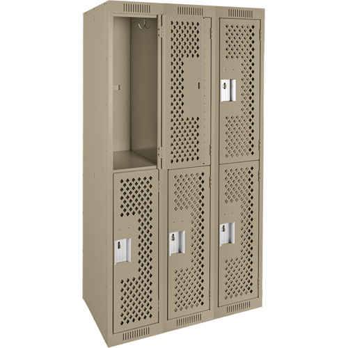 Clean Line Lockers, 2 -tier, Bank of 3, 36" x 15" x 72", Steel, Beige, Rivet (Assembled), Perforated NRZ Safety Inc.
