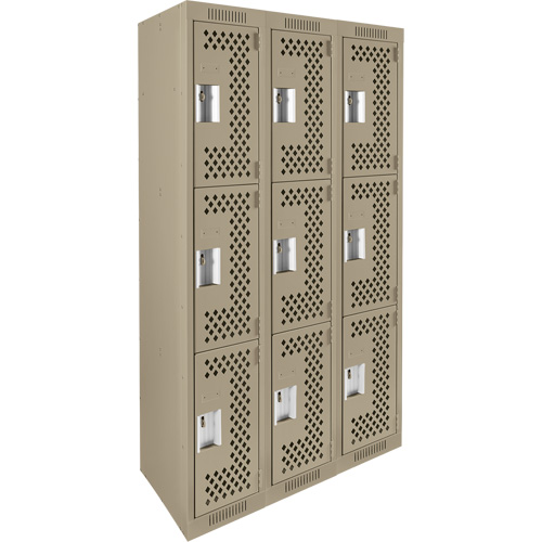 Clean Line Lockers, 3 -tier, Bank of 3, 36" x 12" x 72", Steel, Beige, Rivet (Assembled), Perforated NRZ Safety Inc.