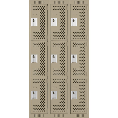 Clean Line Lockers, 3 -tier, Bank of 3, 36" x 12" x 72", Steel, Beige, Rivet (Assembled), Perforated NRZ Safety Inc.