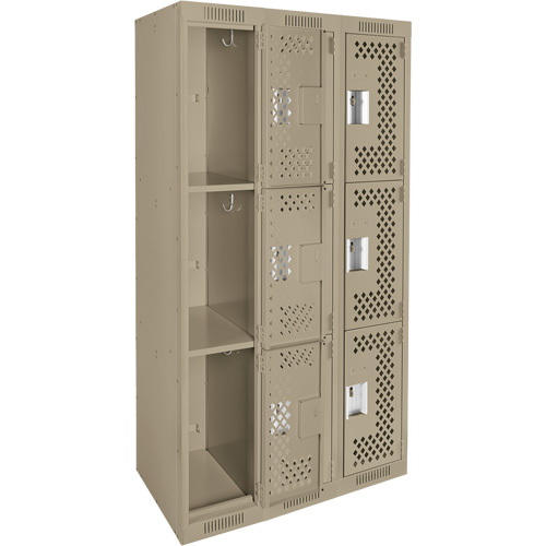 Clean Line Lockers, 3 -tier, Bank of 3, 36" x 12" x 72", Steel, Beige, Rivet (Assembled), Perforated NRZ Safety Inc.