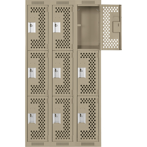 Clean Line Lockers, 3 -tier, Bank of 3, 36" x 12" x 72", Steel, Beige, Rivet (Assembled), Perforated NRZ Safety Inc.