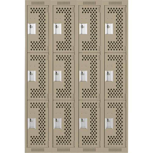 Clean Line Lockers, 3 -tier, Bank of 4, 48" x 12" x 72", Steel, Beige, Rivet (Assembled), Perforated NRZ Safety Inc.