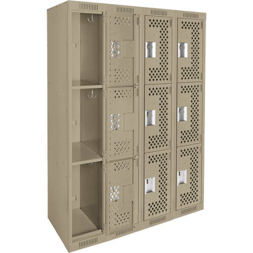Clean Line Lockers, 3 -tier, Bank of 4, 48" x 12" x 72", Steel, Beige, Rivet (Assembled), Perforated NRZ Safety Inc.