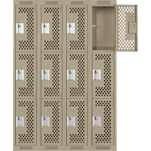 Clean Line Lockers, 3 -tier, Bank of 4, 48" x 12" x 72", Steel, Beige, Rivet (Assembled), Perforated NRZ Safety Inc.