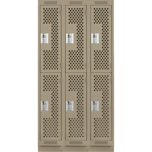 Clean Line Lockers, 2 -tier, Bank of 3, 36" x 15" x 76", Steel, Beige, Rivet (Assembled), Perforated NRZ Safety Inc.