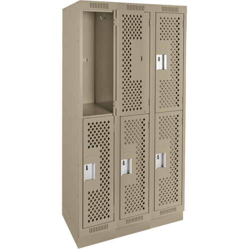 Clean Line Lockers, 2 -tier, Bank of 3, 36" x 15" x 76", Steel, Beige, Rivet (Assembled), Perforated NRZ Safety Inc.