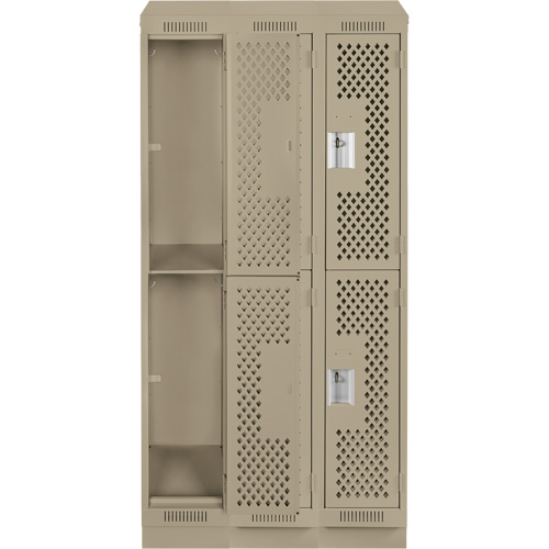 Clean Line Lockers, 2 -tier, Bank of 3, 36" x 12" x 82", Steel, Beige, Rivet (Assembled), Perforated NRZ Safety Inc.