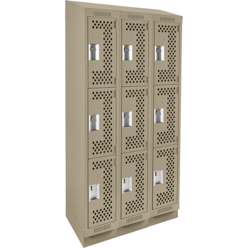Clean Line Lockers, 3 -tier, Bank of 3, 36" x 18" x 82", Steel, Beige, Rivet (Assembled), Perforated NRZ Safety Inc.
