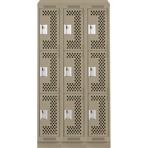 Clean Line Lockers, 3 -tier, Bank of 3, 36" x 18" x 82", Steel, Beige, Rivet (Assembled), Perforated NRZ Safety Inc.