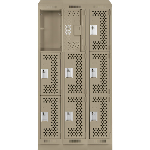 Clean Line Lockers, 3 -tier, Bank of 3, 36" x 18" x 82", Steel, Beige, Rivet (Assembled), Perforated NRZ Safety Inc.