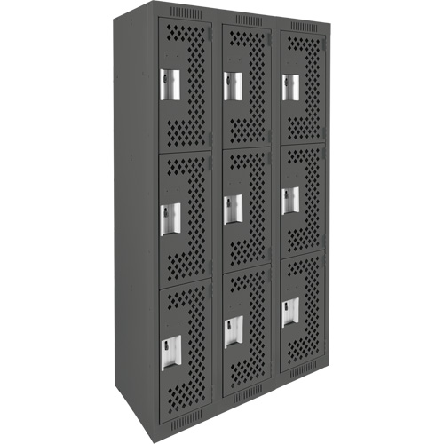 Clean Line Lockers, 3 -tier, Bank of 3, 36" x 12" x 72", Steel, Charcoal, Rivet (Assembled), Perforated NRZ Safety Inc.