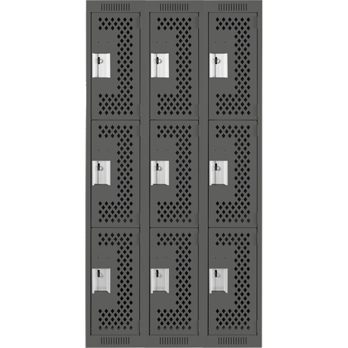 Clean Line Lockers, 3 -tier, Bank of 3, 36" x 12" x 72", Steel, Charcoal, Rivet (Assembled), Perforated NRZ Safety Inc.