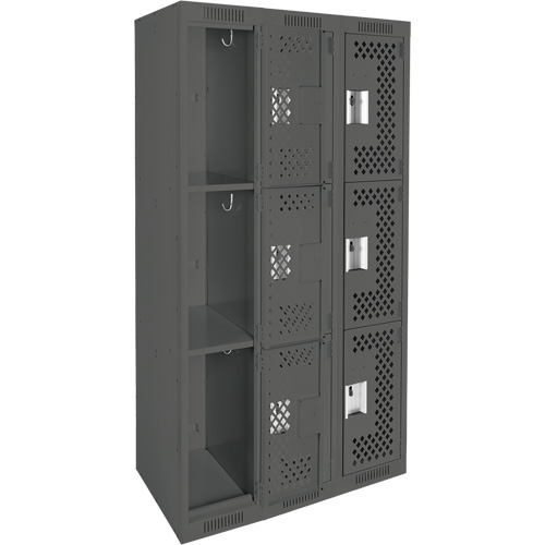Clean Line Lockers, 3 -tier, Bank of 3, 36" x 12" x 72", Steel, Charcoal, Rivet (Assembled), Perforated NRZ Safety Inc.
