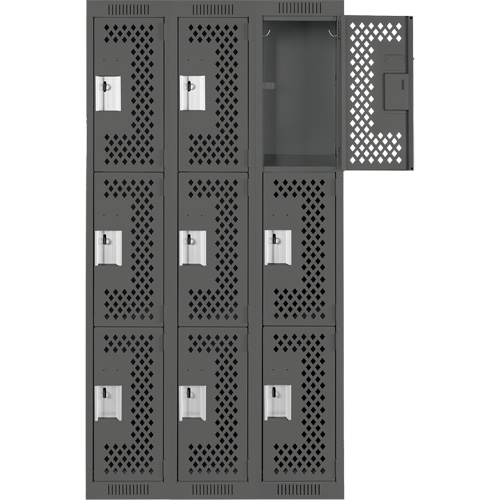Clean Line Lockers, 3 -tier, Bank of 3, 36" x 12" x 72", Steel, Charcoal, Rivet (Assembled), Perforated NRZ Safety Inc.