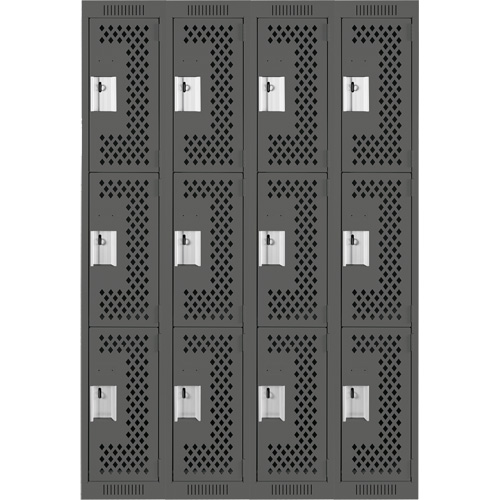 Clean Line Lockers, 3 -tier, Bank of 4, 48" x 12" x 72", Steel, Charcoal, Rivet (Assembled), Perforated NRZ Safety Inc.