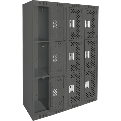 Clean Line Lockers, 3 -tier, Bank of 4, 48" x 12" x 72", Steel, Charcoal, Rivet (Assembled), Perforated NRZ Safety Inc.