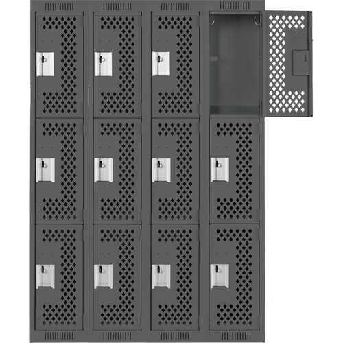 Clean Line Lockers, 3 -tier, Bank of 4, 48" x 12" x 72", Steel, Charcoal, Rivet (Assembled), Perforated NRZ Safety Inc.
