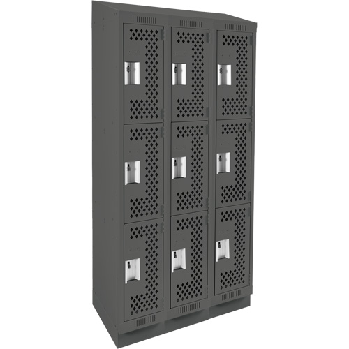 Clean Line Lockers, 3 -tier, Bank of 3, 36" x 18" x 82", Steel, Charcoal, Rivet (Assembled), Perforated NRZ Safety Inc.