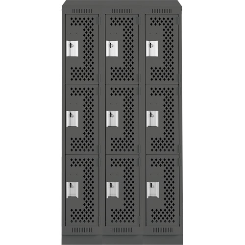 Clean Line Lockers, 3 -tier, Bank of 3, 36" x 18" x 82", Steel, Charcoal, Rivet (Assembled), Perforated NRZ Safety Inc.