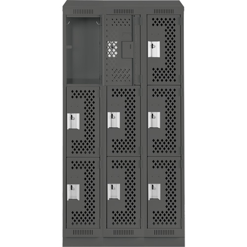 Clean Line Lockers, 3 -tier, Bank of 3, 36" x 18" x 82", Steel, Charcoal, Rivet (Assembled), Perforated NRZ Safety Inc.