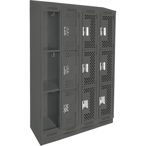 Clean Line Lockers, 3 -tier, Bank of 4, 48" x 18" x 82", Steel, Charcoal, Rivet (Assembled), Perforated NRZ Safety Inc.