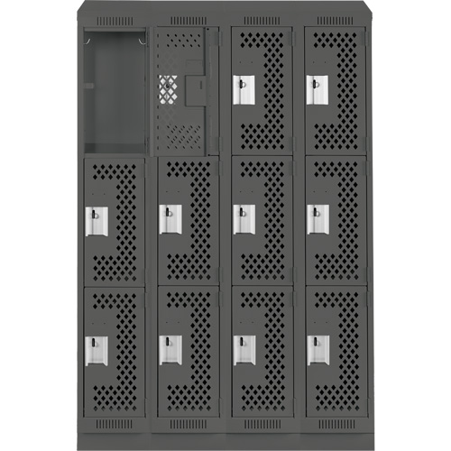 Clean Line Lockers, 3 -tier, Bank of 4, 48" x 18" x 82", Steel, Charcoal, Rivet (Assembled), Perforated NRZ Safety Inc.