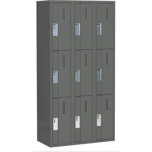 Concorde Heavy-Duty Lockers, 3 -tier, Bank of 3, 36" x 18" x 72", Steel, Charcoal, Welded (Assembled) NRZ Safety Inc.
