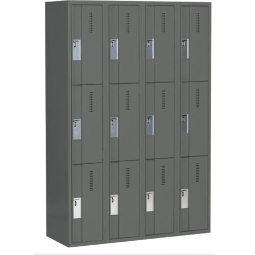 Concorde Heavy-Duty Lockers, 3 -tier, Bank of 4, 48" x 18" x 72", Steel, Charcoal, Welded (Assembled) NRZ Safety Inc.