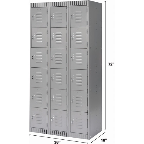 Lockers, 6 -tier, Bank of 3, 36" x 18" x 72", Steel, Grey, Knocked Down NRZ Safety Inc.