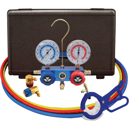 Jeu de manom&egrave;tres collecteurs &agrave; deux voies R134A pour automobile avec coupleurs et robinet perce-canette lat&eacute;rale 3-en-1 NRZ Safety Inc.