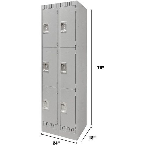 Lockers, 3 -tier, Bank of 2, 24" x 18" x 76", Steel, Grey, Knocked Down NRZ Safety Inc.