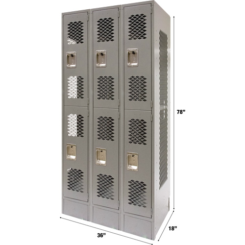 Vented Lockers, 2 -tier, Bank of 3, 36" x 18" x 78", Steel, Grey, Knocked Down, Perforated NRZ Safety Inc.