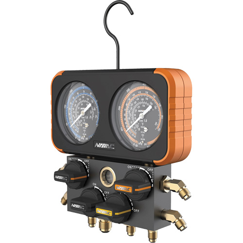 Manom&egrave;tre collecteur &agrave; quatre vannes r&eacute;sistant aux chocs avec 4 tuyaux,  3-1/8", 500 - 800 psi, Fixation inf&eacute;rieure, Analogique NRZ Safety Inc.