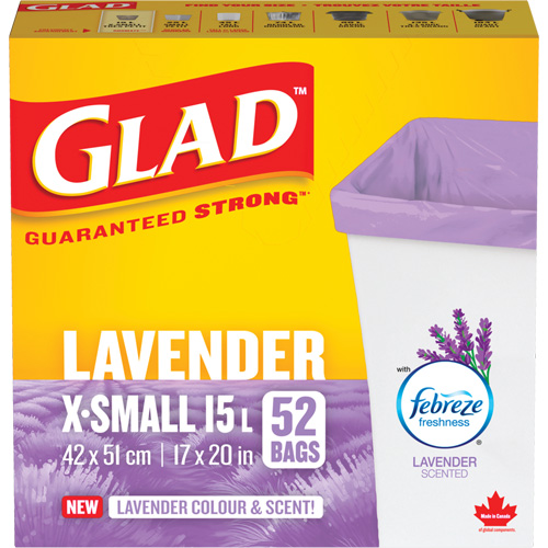 Glad&reg; Lavender Coloured & Scented Bags, Strong, 17" W x 20" L, Purple, 15 L (3.96 Gal.) Capacity NRZ Safety Inc.
