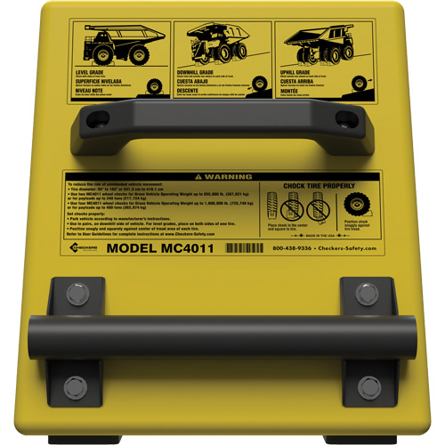 Cale de roue ultra-robuste pour l'exploitation mini&egrave;re Checkers Safety, PEHD, Jaune, 14-1/2" la x 17-1/2" p x 16" h NRZ Safety Inc.