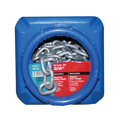 Chaînes galvanis&eacute;es par immersion &agrave; chaud, Acier au carbone, 3/8" x 45' (13,7 m) l, Calibre 30, Charge d'utilisation 2650 lb (1,325 tonne) NRZ Safety Inc.