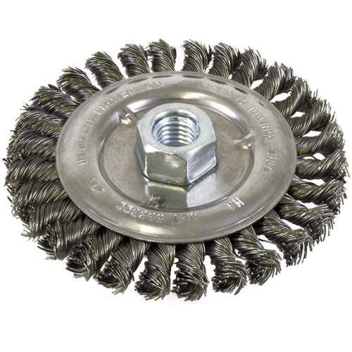 Brosse filet&eacute;e &agrave; fils nou&eacute;s et face standard, Dia. 5", Fils 0,022", Arbre 5/8"-11, Acier NRZ Safety Inc.