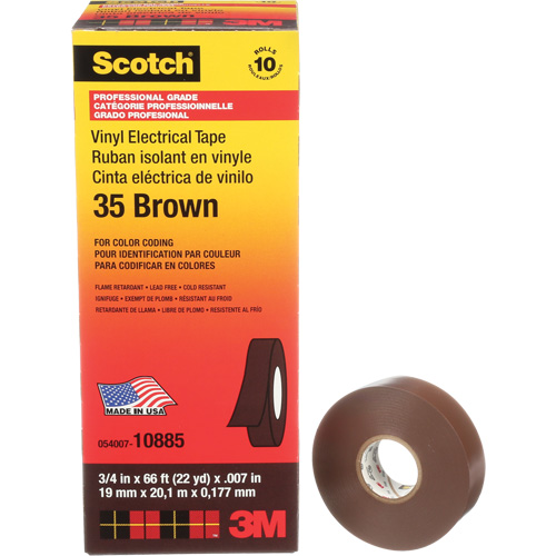 Scotch&reg; Vinyl Colour Coding Electrical Tape, 19 mm (3/4") W x 20 m (66') L, 7 mils, Brown NRZ Safety Inc.